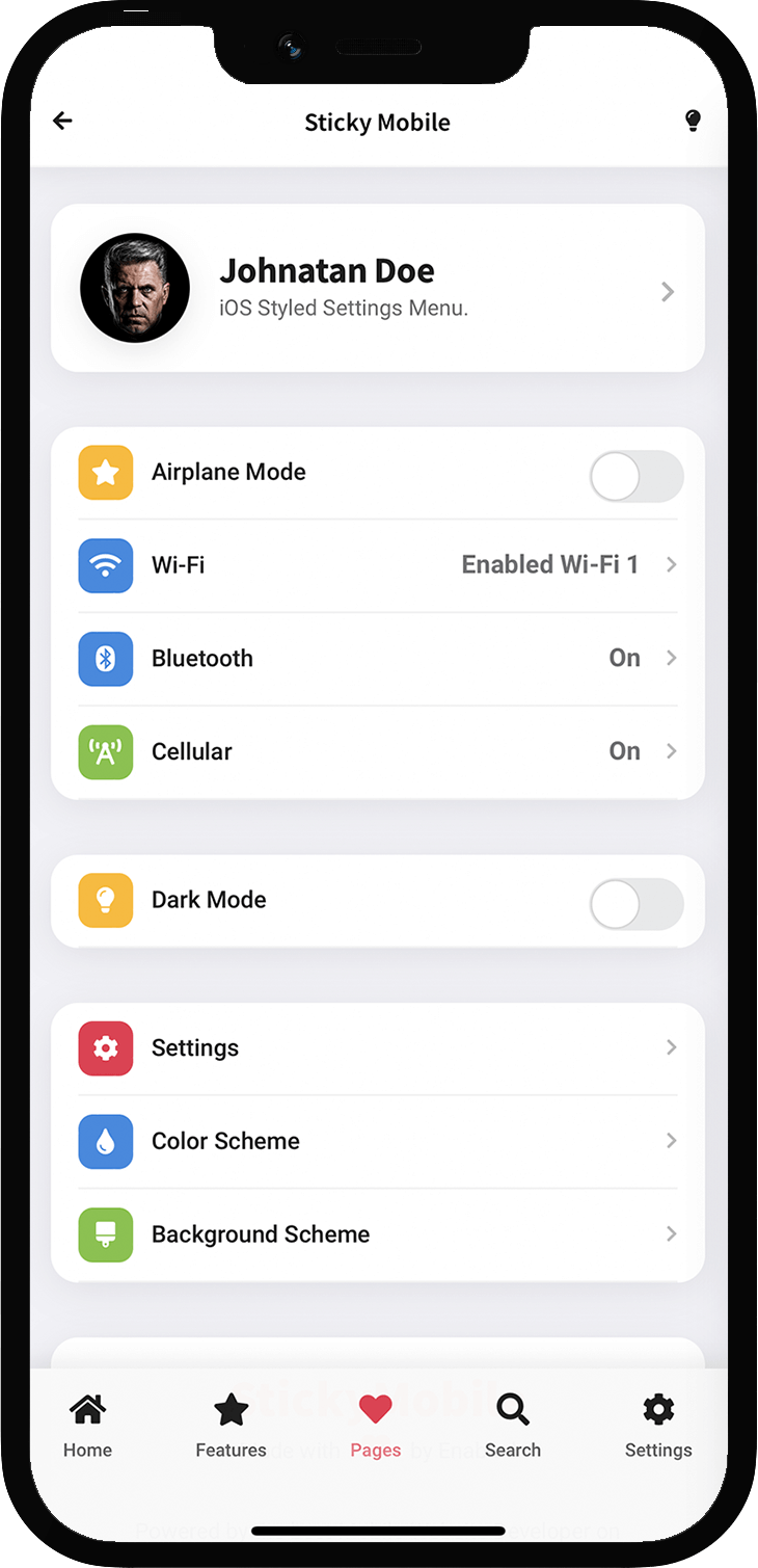iOS styled settings page
